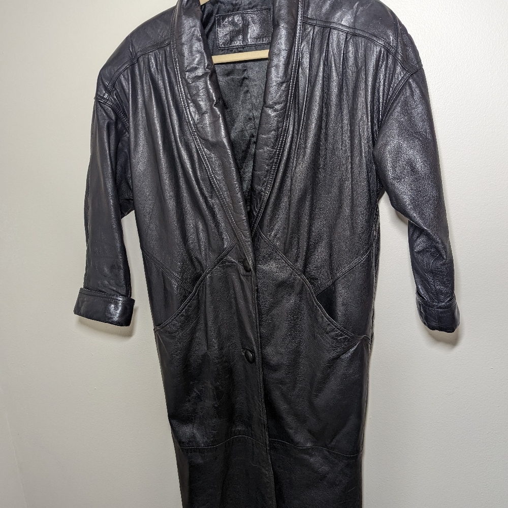 Jacqueline Ferrar Black Leather Long Trench Coat - Picture 5 of 7